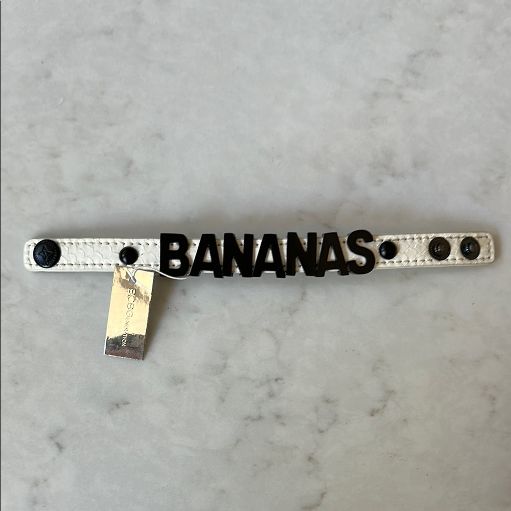 BCBGeneration White and Black Faux Leather Bananas Snap Bracelet NWT